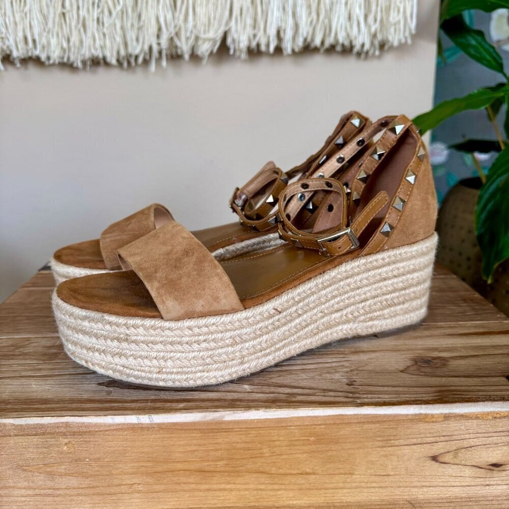 MARC FISHER Jazlyn Silver Studded Ankle‎ Strap Espadrille Wedge Sandals Size 7.5